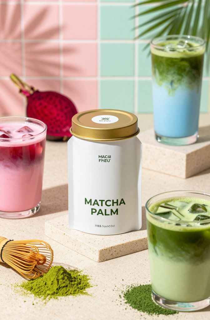Colorful iced matcha lattes