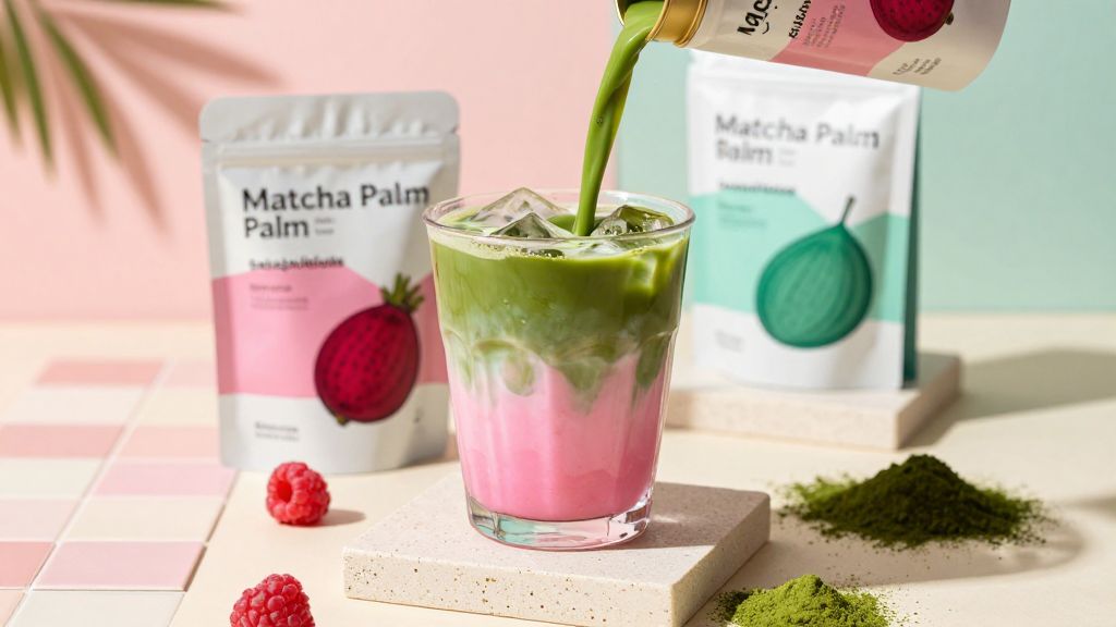 Pink matcha poured over oat milk and ice