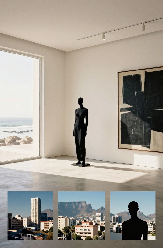 Sculptural fashion installation beside abstract artwork